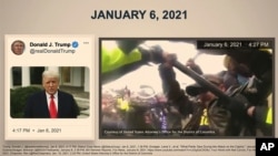 In this image from video, a video from Donald Trump is paired with police bay cam footage as it is shown to senators during Trump's second impeachment trial, Feb. 10, 2021.