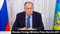 FILE - Russian Foreign Minister Sergey Lavrov speaks during his interview with Russian and foreign journalists in Moscow, Russia, Dec. 26, 2024.