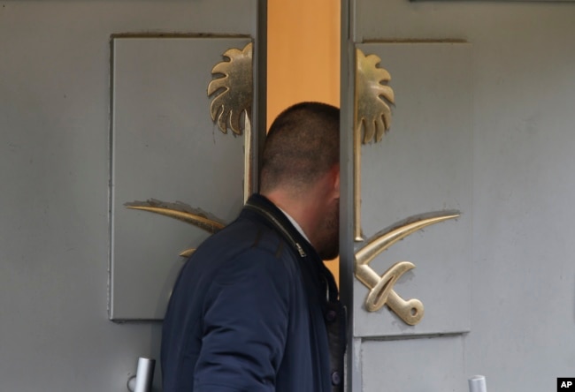 A man enters Saudi Arabia's consulate in Istanbul, Oct. 19, 2018. Investigators are looking into the possibility that the remains of missing Saudi journalist Jamal Khashoggi may have been taken to a forest on the outskirts of Istanbul or another nearby city.