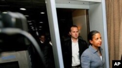 United States ambassador to the United Nations Susan Rice arrives at Khartoum airport on May 21, 2011, as part of an UN Security Council delegation.