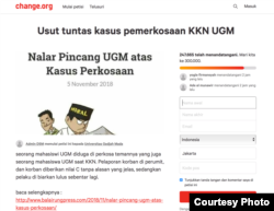 Petisi online pemerkosaan mahasiswi UGM Agni mendulang 247 ribu tanda tangan dari target 300 ribu. (Sumber: Change.org)
