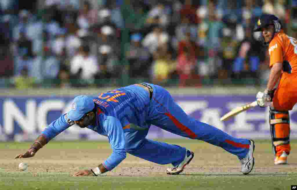 India's Yuvraj Singh dives to field a ball as The Netherlands' captain Peter Borren watches during their ICC Cricket World Cup group B match in New Delhi March 9, 2011. REUTERS/Adnan Abidi (INDIA - Tags: SPORT CRICKET)