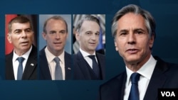 از راست: وزیر خارجه آمریکا و وزرای خارجه آلمان، بریتانیا و اسرائیل