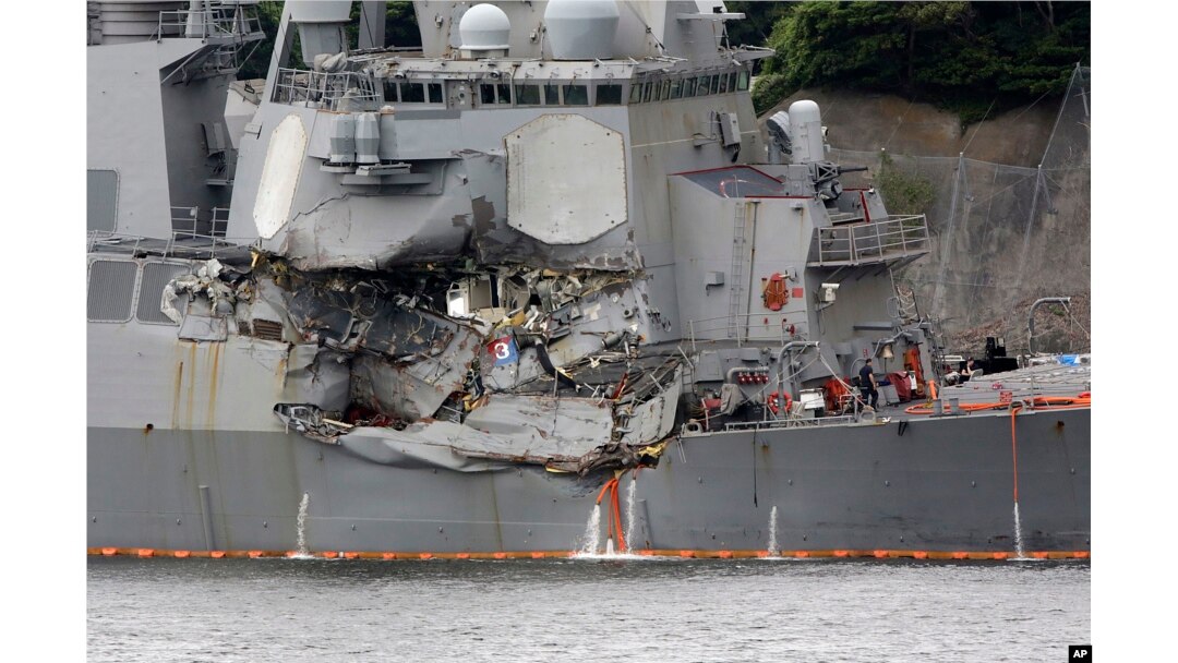 A damaged part of USS Fitzgerald is seen at the U.S. Naval base in Yokosuka, south of Tokyo, June 18, 2017.