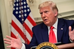 FILE - President Donald Trump participates in a Thanksgiving video teleconference with members of the military forces.