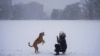 Una mujer juega con su perro en el parque Centennial de Nashville, Tennessee, en medio de una tormenta de nieve el 10 de enero de 2025.