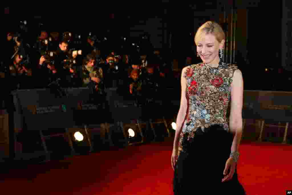 Actress Cate Blanchett poses for photographers upon arrival at the BAFTA 2016 film awards at the Royal Opera House in London.