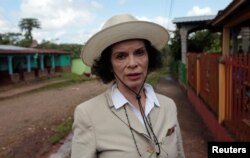 FILE - Human rights activist Bianca Jagger speaks during a interview with Reuters before a march to protest against the construction of Interoceanic canal at La Fonseca, Nicaragua, Aug. 15,2017.