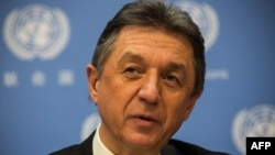 Ukrainian representative to the United Nations, Yuriy Sergeyev, speaks during a press conference about the ongoing social upheaval in Ukraine, Feb. 24, 2014 at the United Nations in New York City. 