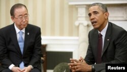 U.N. Secretary-General Ban Ki-moon (L) and U.S. President Barack Obama (R) talk to reporters after their meeting in the Oval Office at the White House in Washington, D.C., United States Aug. 4, 2015. 