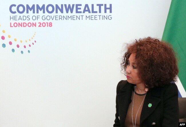 FILE - South African Minister of International Relations and Co-operation, Lindiwe Sisulu, listens during bilateral talks with Britain in central London, April 17, 2018.