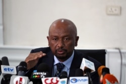 Seleshi Bekele Awulachew, Ethiopia’s Minister of Water, Irrigation and Energy speaks during a news conference on the current status of Great Renaissance Nile Dam construction in Addis Ababa, Ethiopia, Sept. 18, 2019.