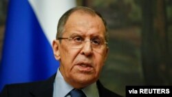 Russian Foreign Minister Sergey Lavrov attends a news conference in Moscow, Russia, April 16, 2021.