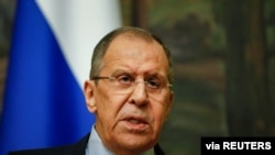 Russian Foreign Minister Sergey Lavrov attends a news conference in Moscow, Russia, April 16, 2021.