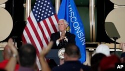 Vice President Mike Pence speaks at the Tankcraft Corporation Aug. 19, 2020, in Darien, Wis. 