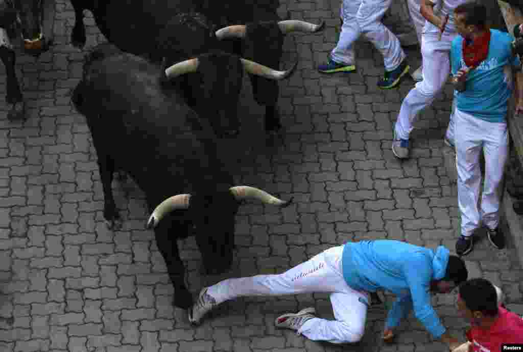 A runner is knocked down by Valdefresno fighting bulls at the entrance to the bullring during the third running of the bulls of the San Fermin festival in Pamplona July 9, 2013. Two runners were treated in hospital for bruising following the run that last