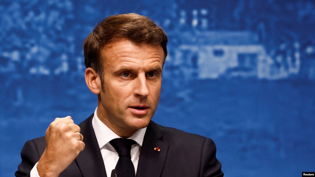 French President Emmanuel Macron addresses the media following the G7 summit