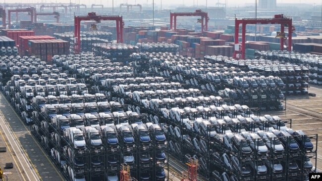 Makinat elektrike në pritje për t'u ngarkuar në anije në portin kinez Taicang, në Suzhou, Kinë (8 shkurt 2024)