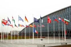 FILE - Flags of NATO member countries are seen at the Alliance headquarters in Brussels, Belgium, Nov. 26, 2019.