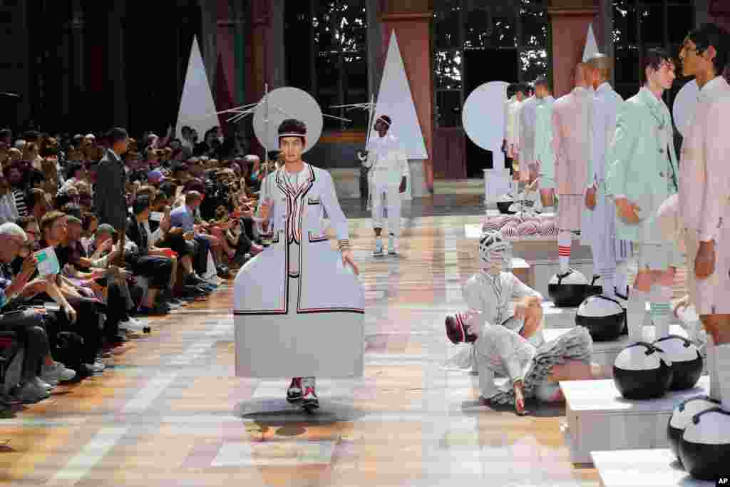 A model wears a creation for the Thom Browne mens Spring-Summer 2020 fashion collection presented in Paris, France, June 22 2019.