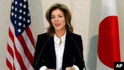 New U.S. Ambassador to Japan Caroline Kennedy gives a statement shortly after her arrival in Japan at the Narita International Airport in Narita, east of Tokyo, Friday, Nov. 15, 2013. 