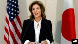 New U.S. Ambassador to Japan Caroline Kennedy gives a statement shortly after her arrival in Japan at the Narita International Airport in Narita, east of Tokyo, Friday, Nov. 15, 2013. 