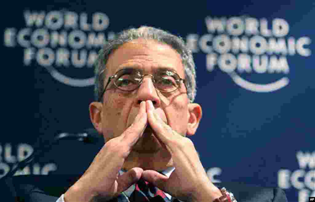 Amr Moussa, Secretary General of the Arab League, reacts during a session regarding security in the 21st century at the opening day of the Annual Meeting of the World Economic Forum in Davos, Switzerland, Wednesday Jan. 27, 2010. (AP Photo/ Michel Euler)