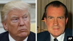 This combination photo shows President Donald Trump (left) talks to reporters in the Oval Office of the White House, May 10, 2017, and President Richard M. Nixon, at his desk in the White House, Feb. 16, 1969.