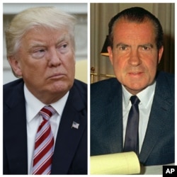 This combination photo shows President Donald Trump (left) talks to reporters in the Oval Office of the White House, May 10, 2017, in Washington, and President Richard M. Nixon, at his desk in the White House, Feb. 16, 1969.