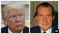 This combination photo shows President Donald Trump speaking to reporters in the Oval Office, May 10, 2017, in Washington, and President Richard Nixon at his desk in the White House, Feb. 16, 1969.
