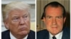 This combination photo shows President Donald Trump (left) talks to reporters in the Oval Office of the White House, May 10, 2017, in Washington, and President Richard M. Nixon, at his desk in the White House, Feb. 16, 1969.