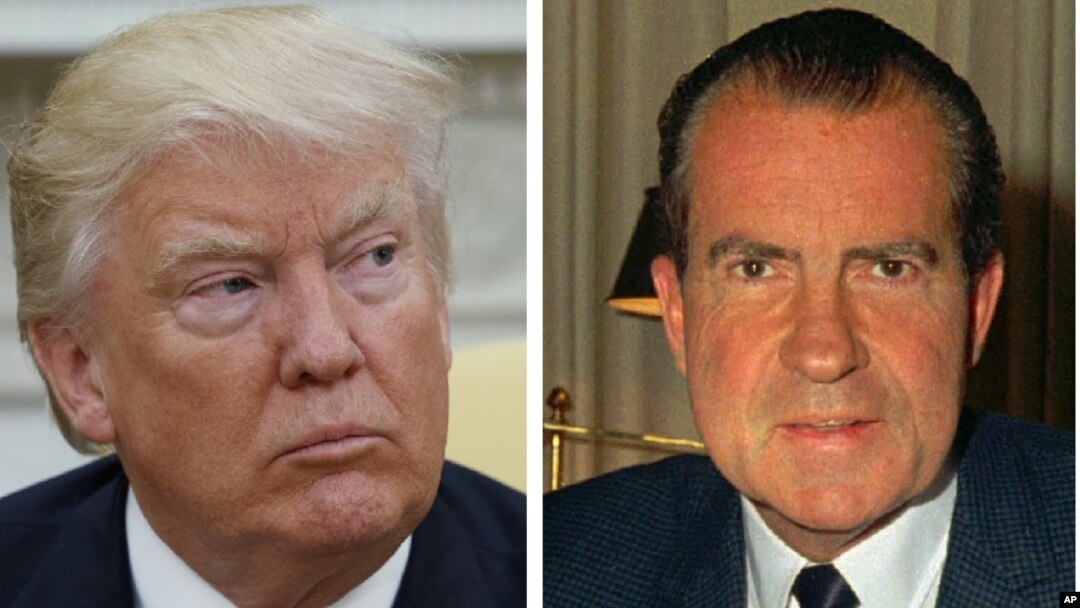 This combination photo shows President Donald Trump (left) talks to reporters in the Oval Office of the White House, May 10, 2017, and President Richard M. Nixon, at his desk in the White House, Feb. 16, 1969.