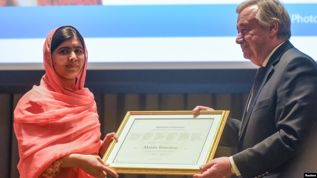 Malala Yousafzai attends a ceremony with United Nations Secretary-General Antonio Guterres after being selected a United Nations messenger of peace in New York, New York, April 10, 2017.