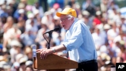 Democratic presidential candidate Sen. Bernie Sanders speaks during a campaign rally at the Cubberley Community Center, June 1, 2016, in Palo Alto, California. Sanders has joined Clinton in attacks against Republican presumptive nominee Donald Trump.