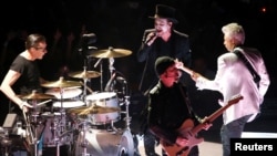 U2 performs during the band's "Experience + Innocence" tour at The Forum in Inglewood, California, May 16, 2018. 