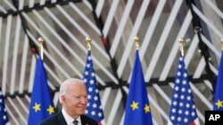 President Joe Biden meets with European Council President Charles Michel and European Commission President Ursula von der Leyen during the United States-European Union Summit at the European Council in Brussels, June 15, 2021. 