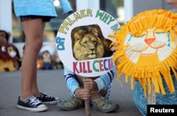 Piper Hoppe, 10, from Minnetonka, Minnesota, holds a sign at the doorway of River Bluff Dental clinic in protest against the killing of a famous lion in Zimbabwe, in Bloomington, Minnesota July 29, 2015.