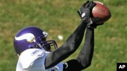 Minnesota Vikings new wide receiver Randy Moss catches a pass during NFL football practice, Thursday, Oct. 7, 2010 in Eden Prairie, Minn. Moss was traded Wednesday to the Vikings by the New England Patriots.