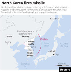 Map showing range of missile recently launched by North Korea.