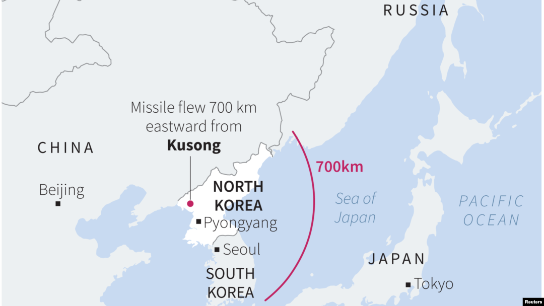 Map showing range of missile recently launched by North Korea.