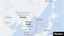 Map showing range of missile recently launched by North Korea.