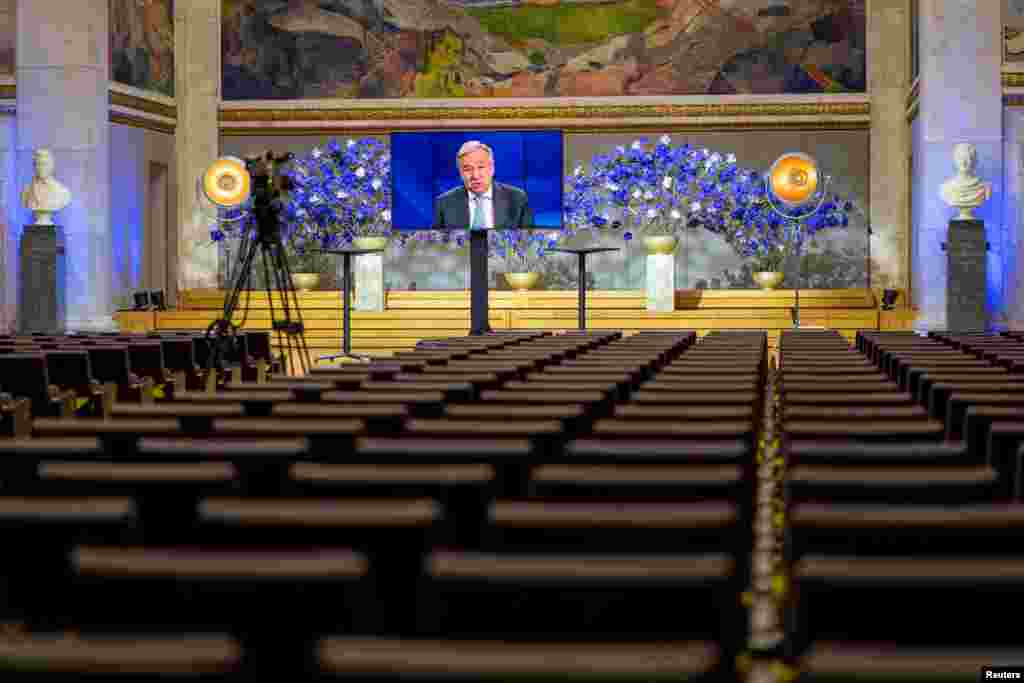 U.N. Secretary General Antonio Guterres speaks in the University Hall during the digital broadcast of the Nobel Peace Prize Forum, in Oslo, Norway.