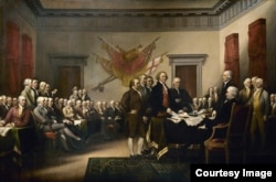 John Trumbull's Declaration of Independence is a 3-by-5-meter oil-on-canvas painting in the United States Capitol Rotunda that depicts the presentation of the draft of the Declaration of Independence to Congress.
