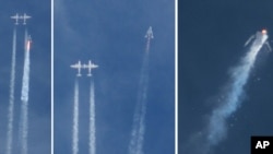 ARSIP – Kombinasi foto ini menunjukkan roket Virgin Galactic SpaceShipTwo terpisah dari pesawat induk yang membawanya, kiri, sebelum wahana tersebut meledak di angkasa, kanan, selama pelaksanaan uji penerbangan di atas Gurun Pasir Mojave, 31 Oktober 2014.