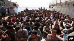 Migrants are detained at Abosetta base in Tripoli, Libya, May 10, 2017. 