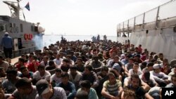 Migrants are detained at Abosetta base in Tripoli, Libya, May 10, 2017. 
