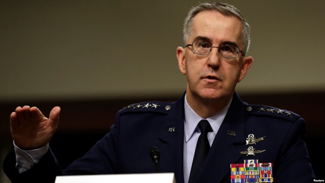 FILE - U.S. Air Force General John Hyten testifies in a Senate Armed Services Committee hearing on Capitol Hill in Washington, April 4, 2017.