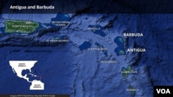 Map of Antigua and Barbuda islands in the Caribbean, near where Tropical Storm Ernesto is located on Aug. 12, 2024, and moving north/northwest.