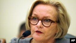 FILE - Sen. Claire McCaskill, D-Mo., questions witnesses at the Senate Commerce, Science and Transportation Subcommittee on Consumer Protection, Product Safety and Insurance.