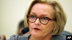 FILE - Sen. Claire McCaskill, D-Mo., questions witnesses at the Senate Commerce, Science and Transportation Subcommittee on Consumer Protection, Product Safety and Insurance.